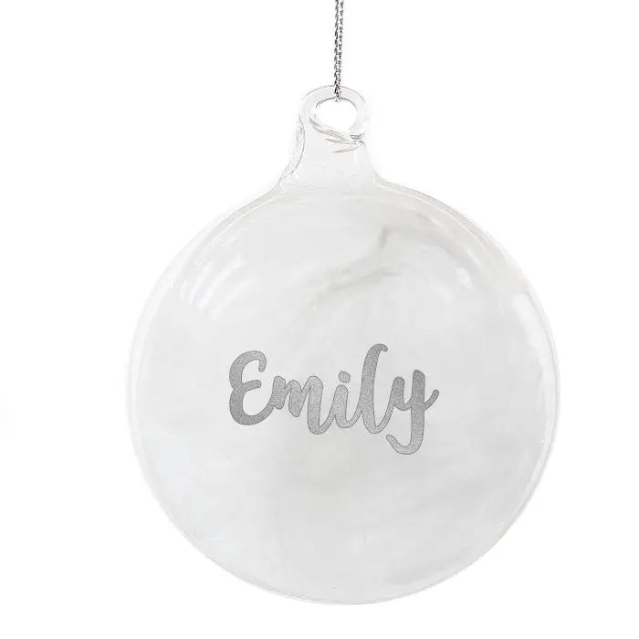 Personalised Silver Glitter Name Only Feather Glass Bauble: 3 - Christmas Baubles By Gift Moments