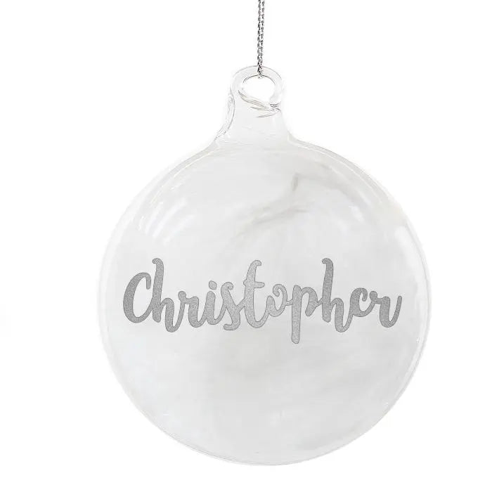 Personalised Silver Glitter Name Only Feather Glass Bauble: 5 - Christmas Baubles By Gift Moments
