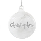 Personalised Silver Glitter Name Only Feather Glass Bauble: 5 - Christmas Baubles By Gift Moments