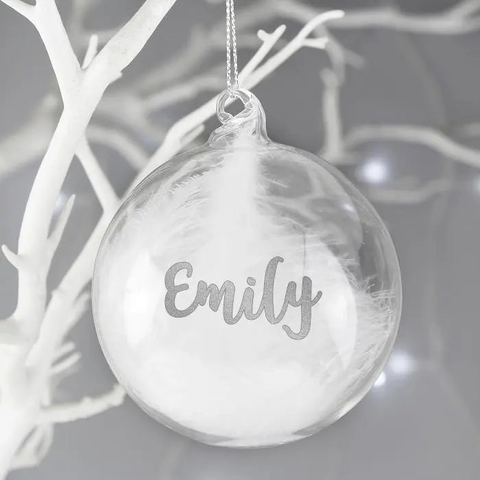 Personalised Silver Glitter Name Only Feather Glass Bauble: 1 - Christmas Baubles By Gift Moments