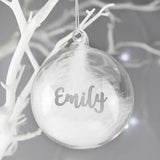Personalised Silver Glitter Name Only Feather Glass Bauble: 1 - Christmas Baubles By Gift Moments