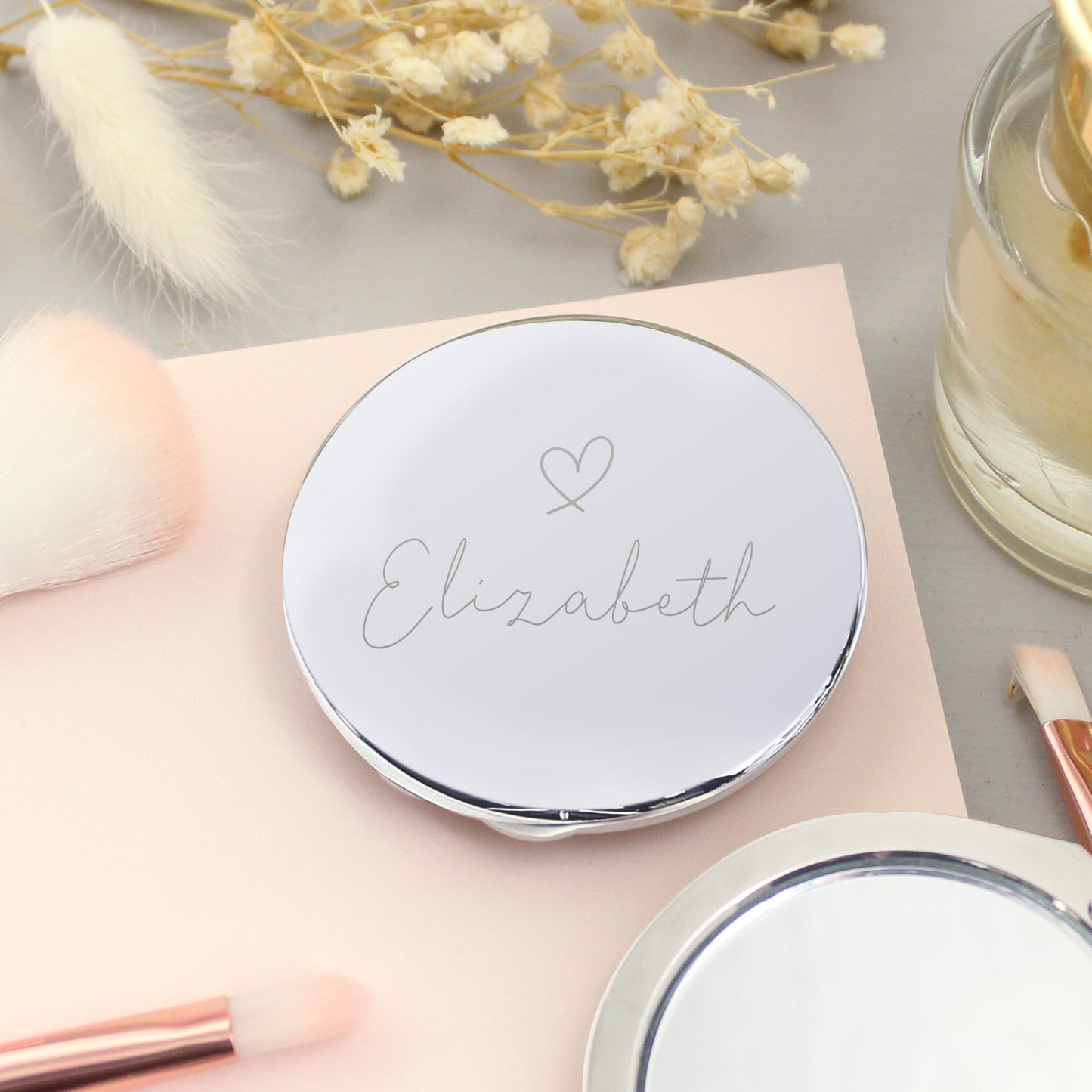 Personalised Silver Heart Motif Round Compact mirror: 4 - Compact Mirrors By Gift Moments