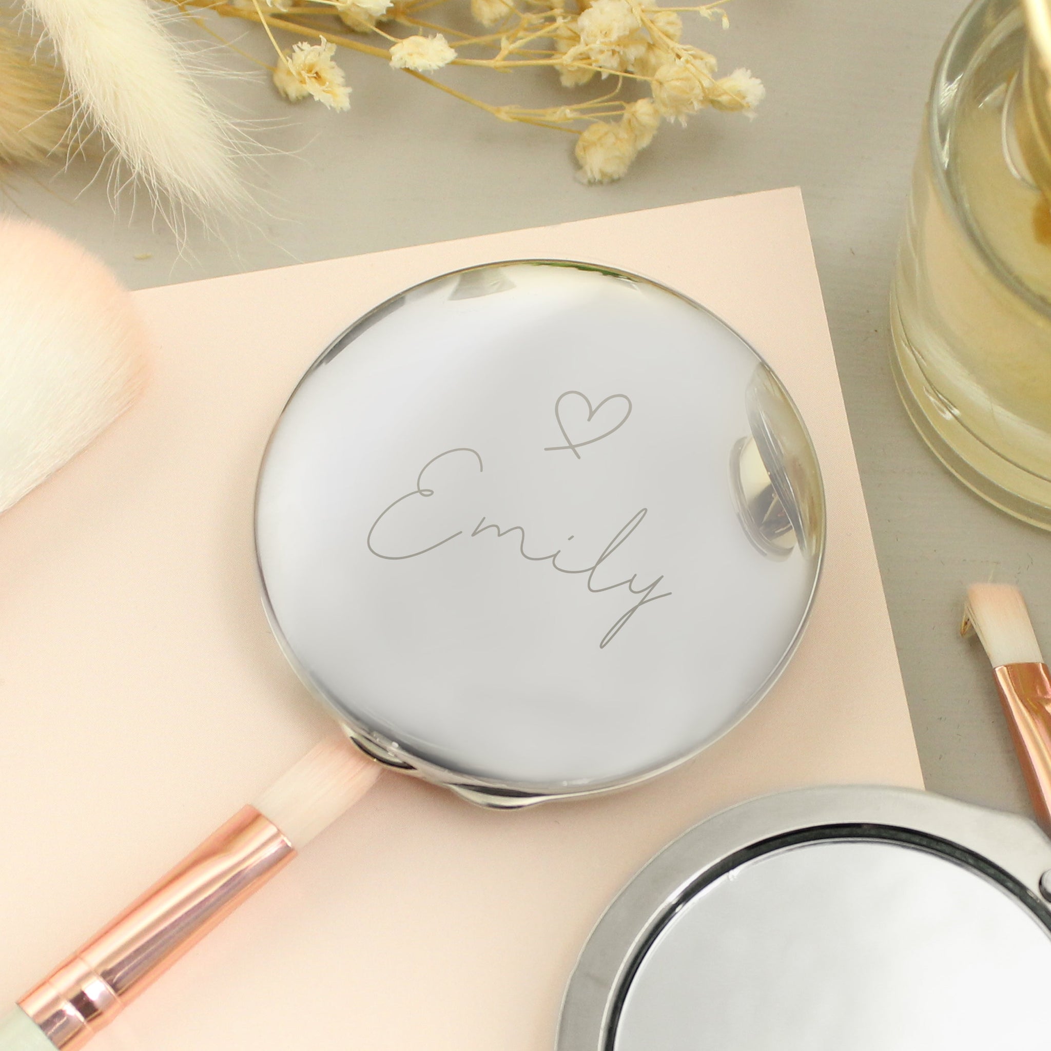 Personalised Silver Heart Motif Round Compact mirror: 1 - Compact Mirrors By Gift Moments