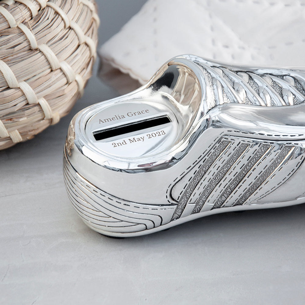 Personalised Silver Plated Football Boot Money Box: 3 - Money Boxes By Gift Moments