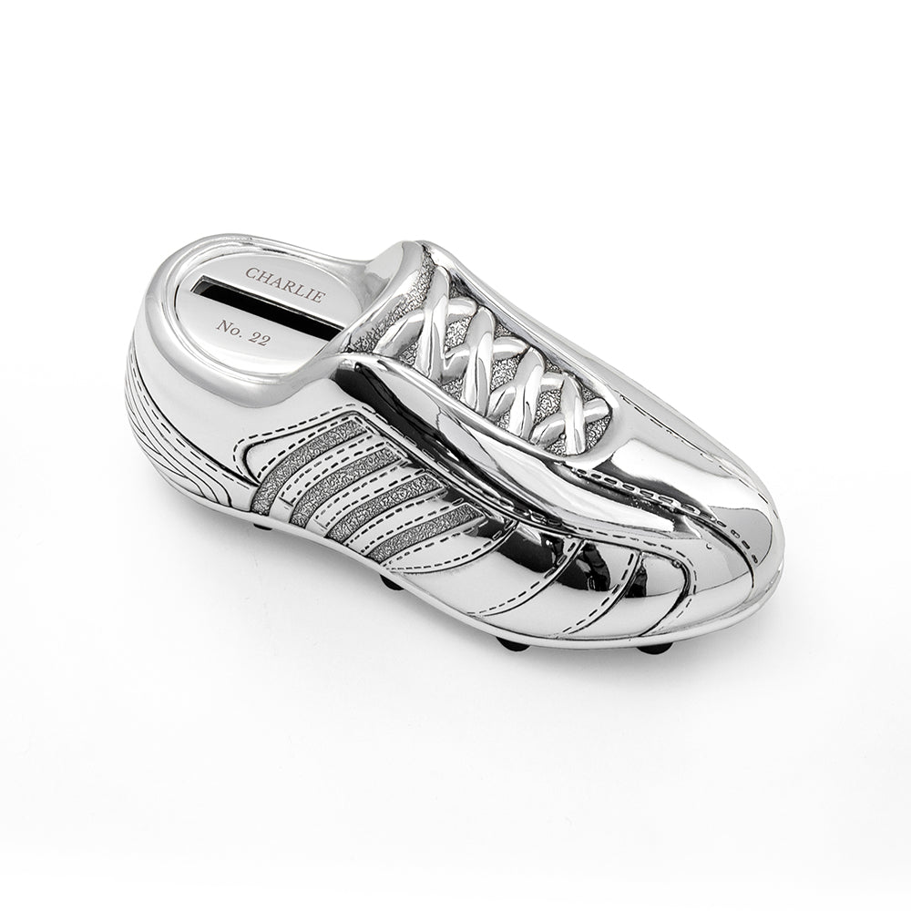 Personalised Silver Plated Football Boot Money Box: 4 - Money Boxes By Gift Moments