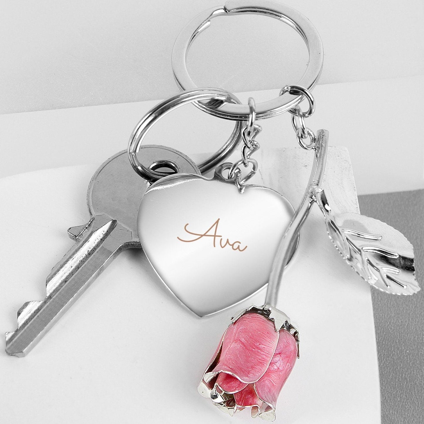 Personalised Silver Plated Name Pink Rose Keyring: 3 - Keyrings By Gift Moments