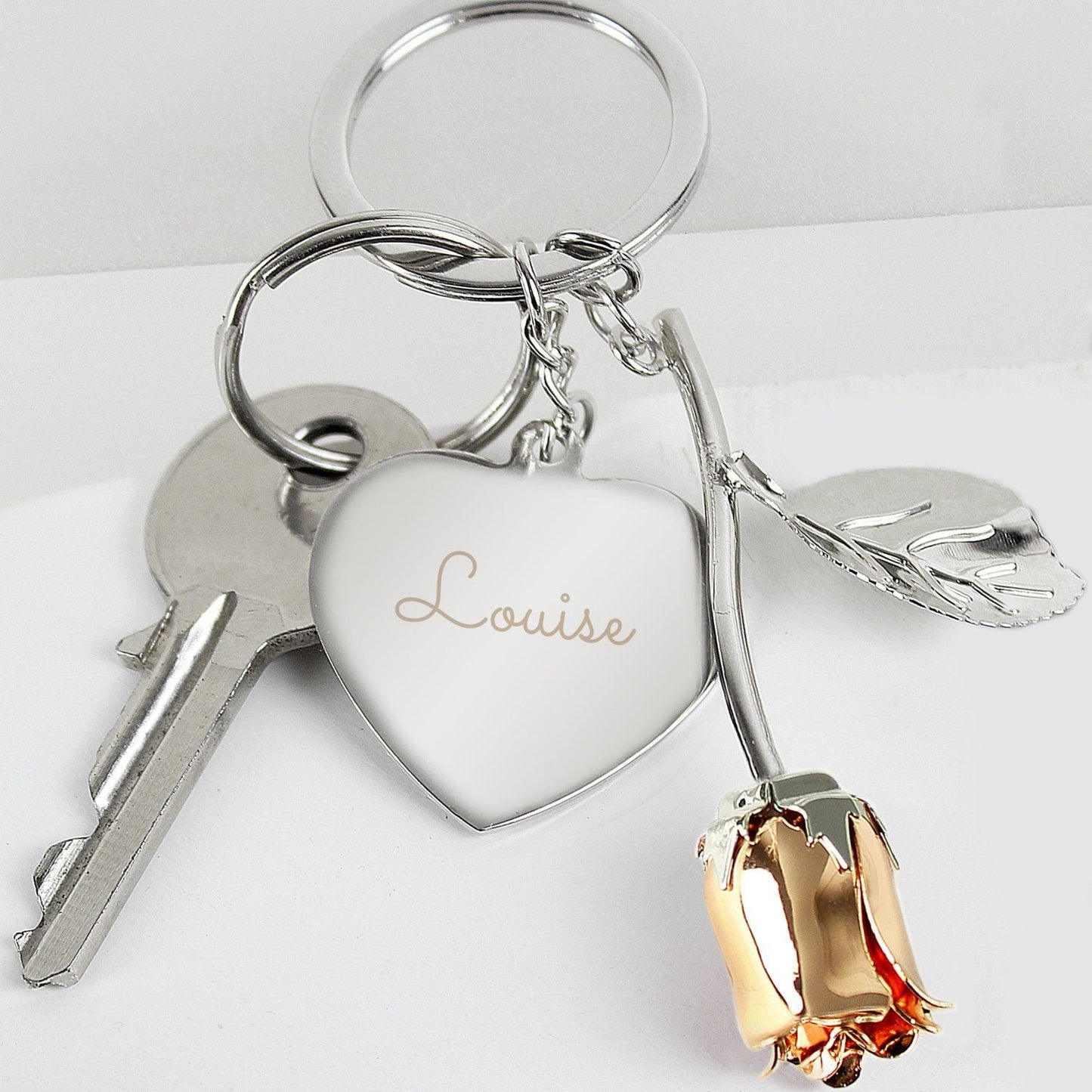 Personalised Silver Plated Name Rose Gold Rose Keyring: 3 - Keyrings By Gift Moments