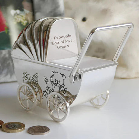 Personalised Silver Plated Pram Money Box: 1 - Money Boxes By Gift Moments
