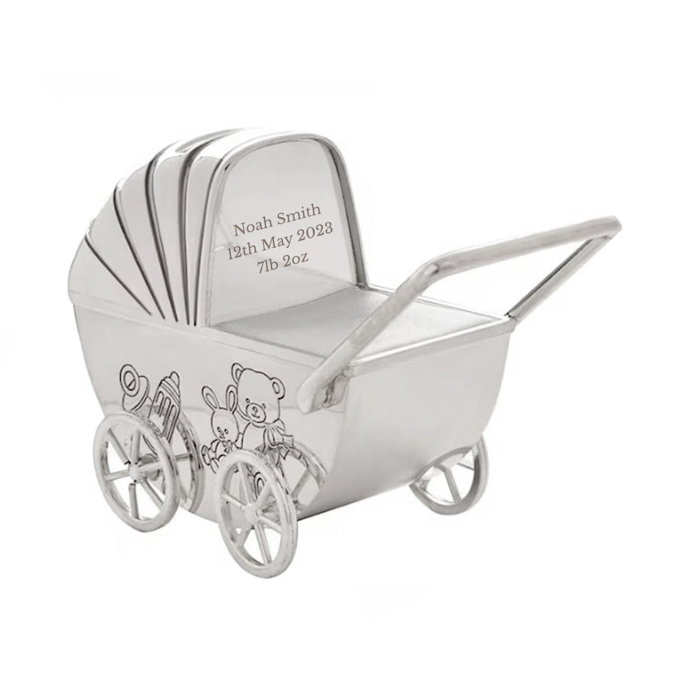 Personalised Silver Plated Pram Money Box: 3 - Money Boxes By Gift Moments