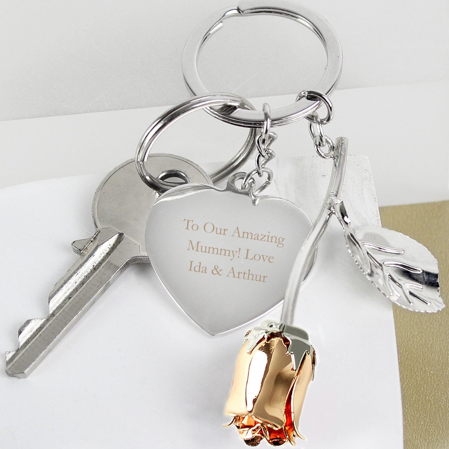 Personalised Silver Plated Rose Gold Rose Keyring: 3 - Keyrings By Gift Moments