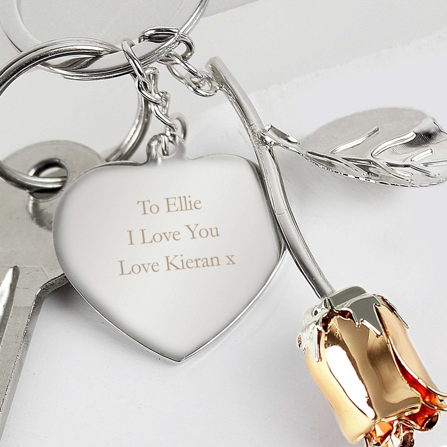Personalised Silver Plated Rose Gold Rose Keyring: 1 - Keyrings By Gift Moments