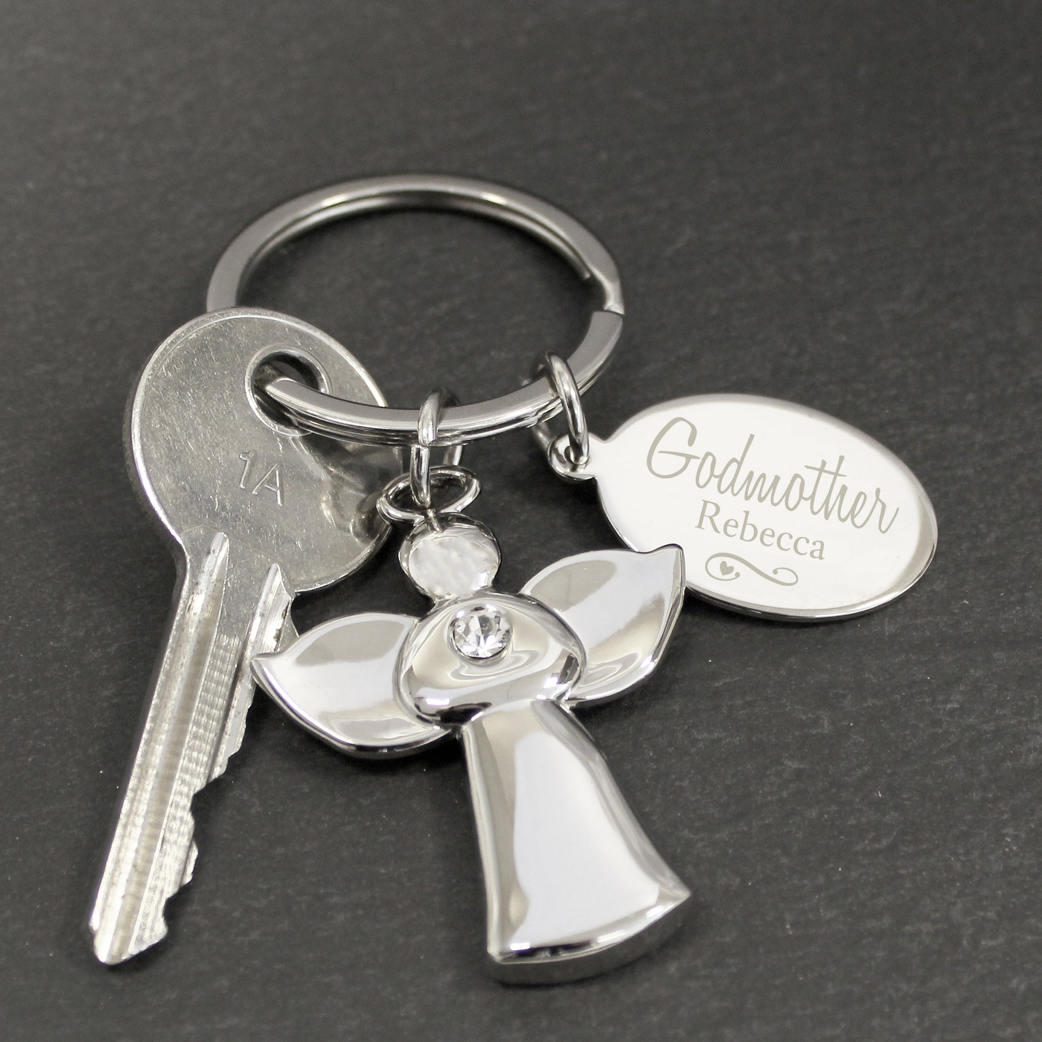 Personalised Silver Plated Swirls & Hearts Godmother Angel Keyring: 5 - Keyrings By Gift Moments