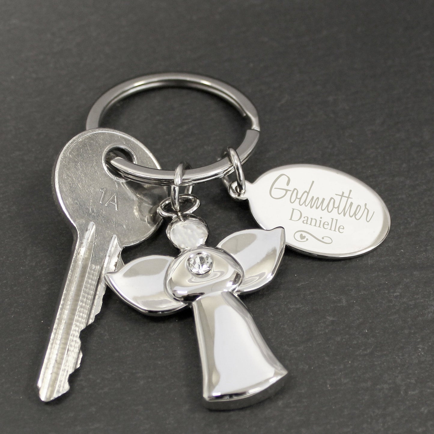 Personalised Silver Plated Swirls & Hearts Godmother Angel Keyring: 3 - Keyrings By Gift Moments