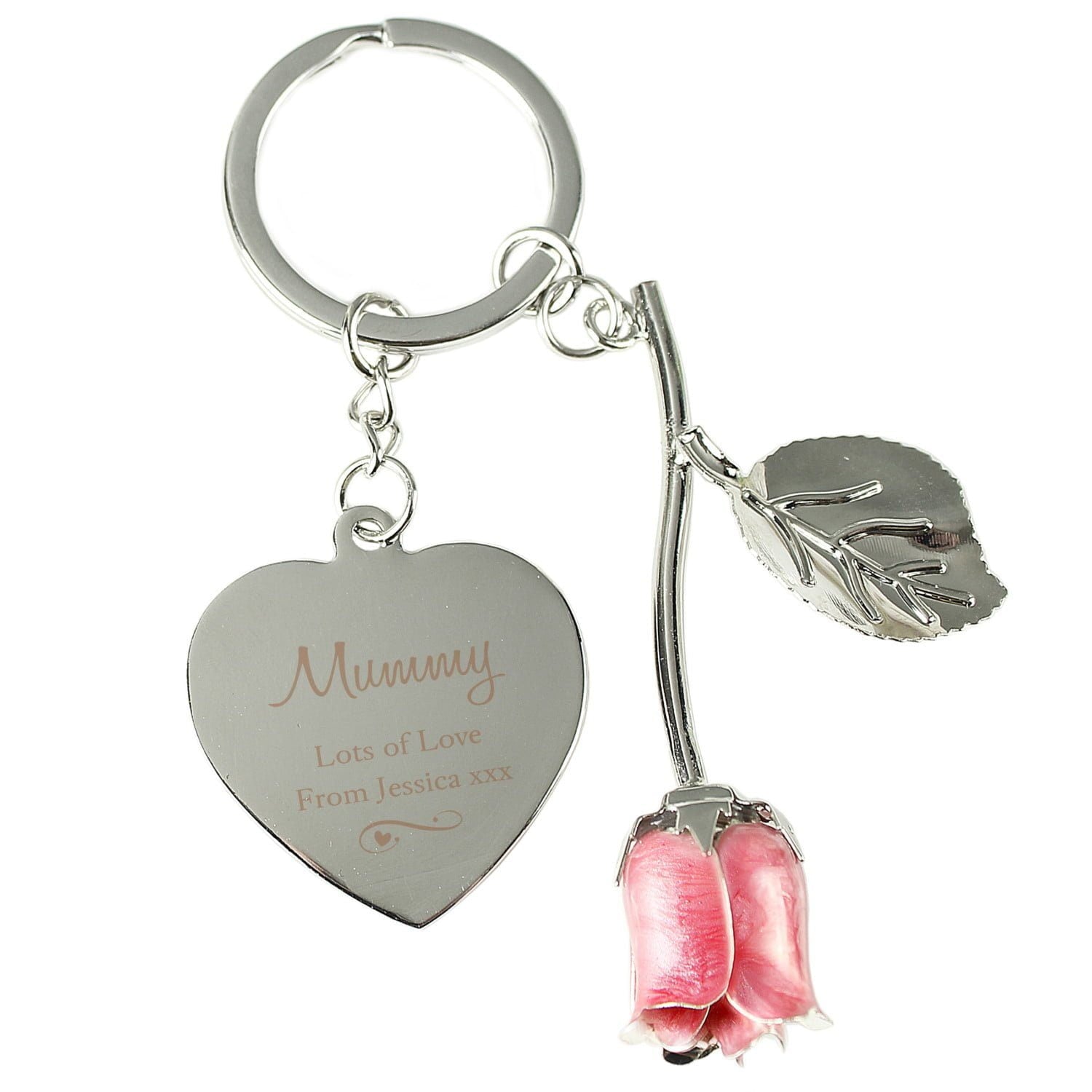 Personalised Silver Plated Swirls & Hearts Pink Rose Keyring: 4 - Keyrings By Gift Moments