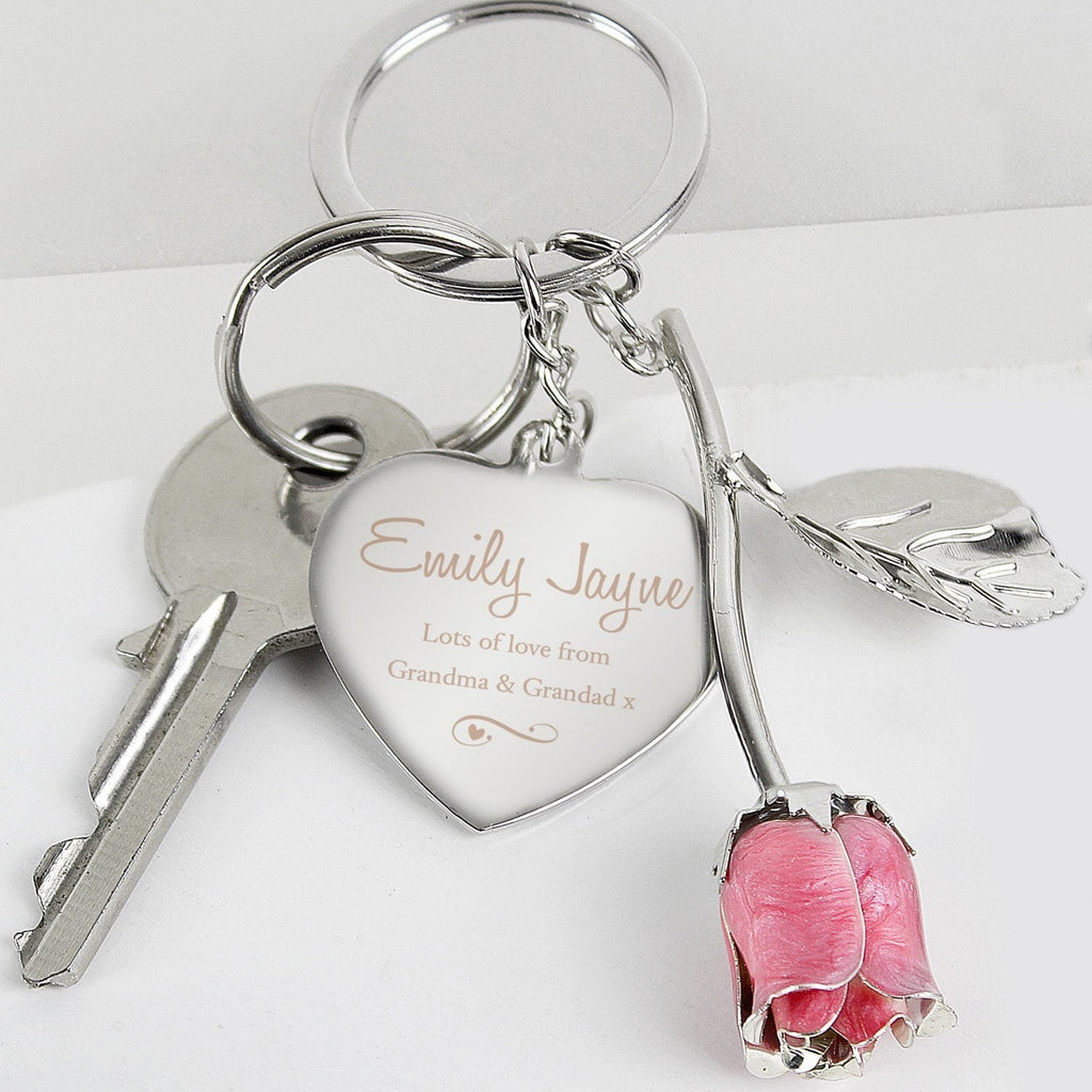 Personalised Silver Plated Swirls & Hearts Pink Rose Keyring - Shop Keyrings At Gift Moments - 1