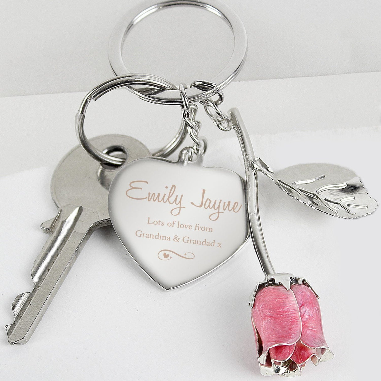 Personalised Silver Plated Swirls & Hearts Pink Rose Keyring: 1 - Keyrings By Gift Moments