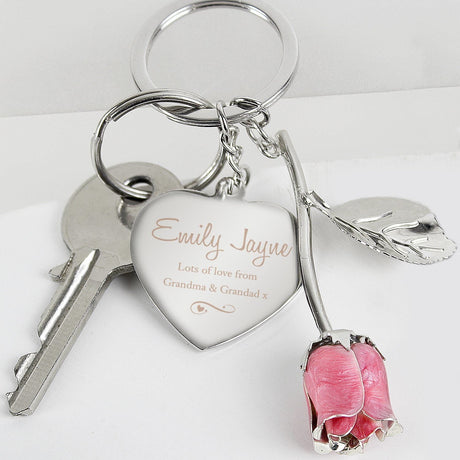 Personalised Silver Plated Swirls & Hearts Pink Rose Keyring: 1 - Keyrings By Gift Moments