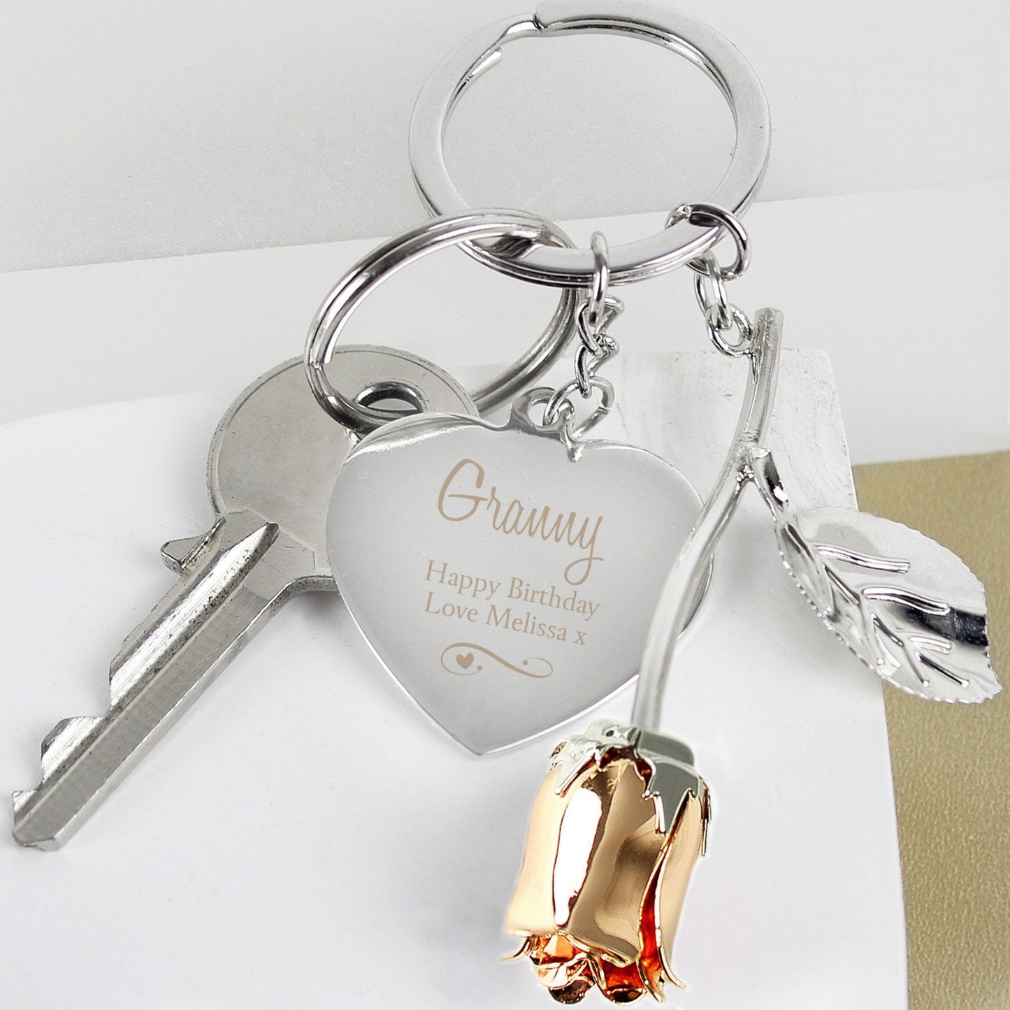 Personalised Silver Plated Swirls & Hearts Rose Gold Rose Keyring: 1 - Keyrings By Gift Moments