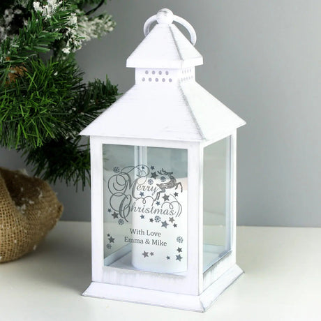 Personalised Silver Reindeer White Lantern: 1 - LED Lighting By Gift Moments