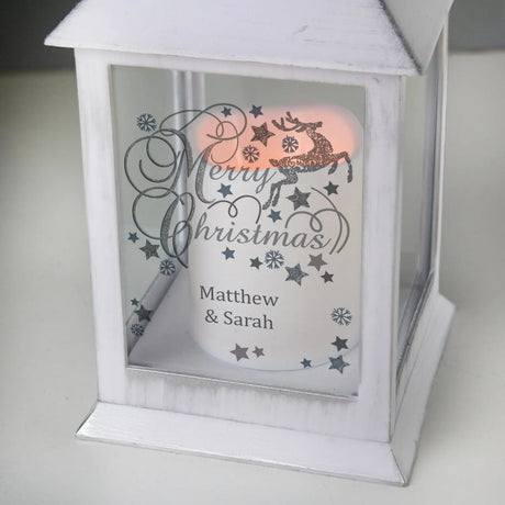 Personalised Silver Reindeer White Lantern: 3 - LED Lighting By Gift Moments