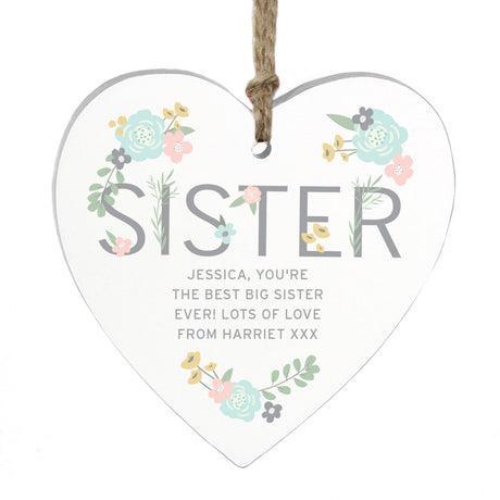 Personalised Sister Floral Wooden Heart Decoration: 5 - Decorations By Gift Moments