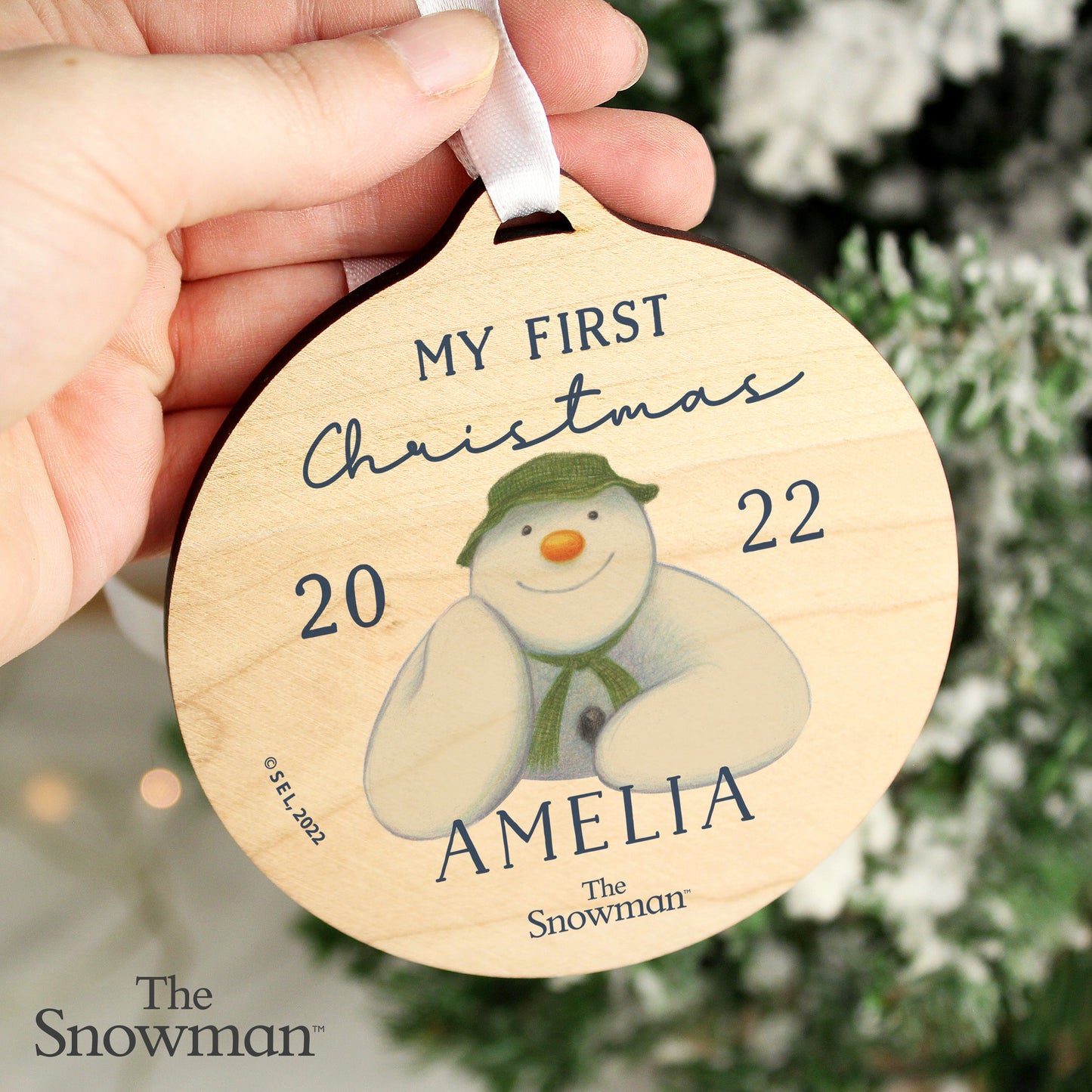 Personalised The Snowman My First Christmas Round Wooden Decoration: 1 - Christmas Decorations By The Snowman