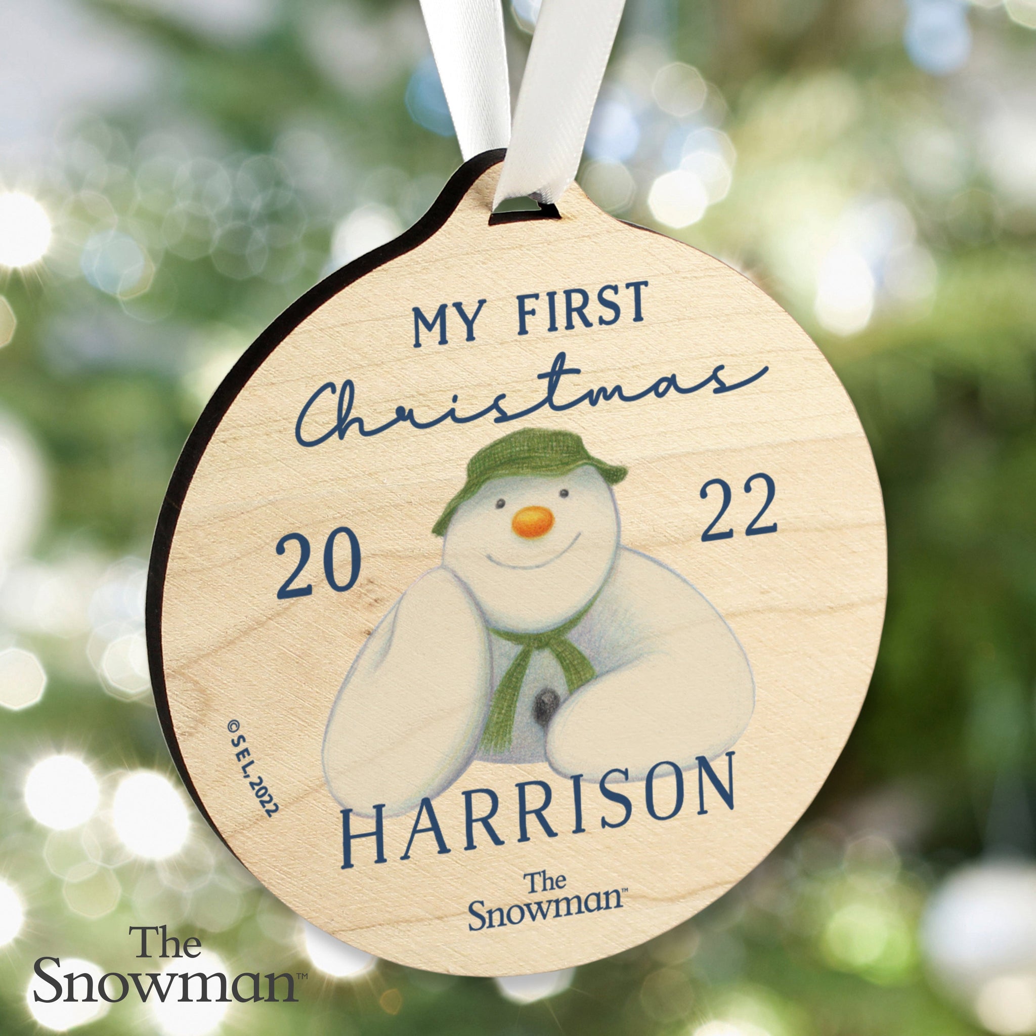 Personalised The Snowman My First Christmas Round Wooden Decoration: 2 - Christmas Decorations By The Snowman