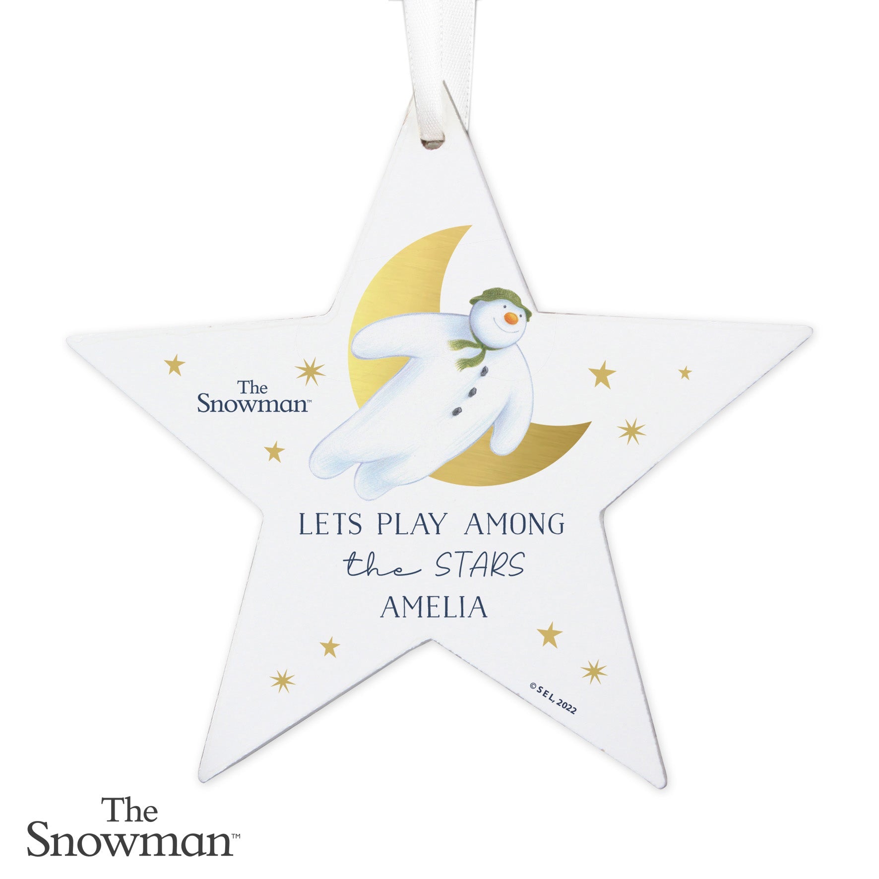Personalised The Snowman Gold Moon Wooden Star Decoration: 5 - Christmas Decorations By The Snowman