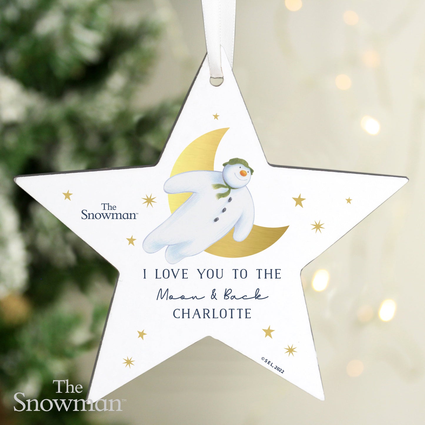 Personalised The Snowman Gold Moon Wooden Star Decoration: 2 - Christmas Decorations By The Snowman
