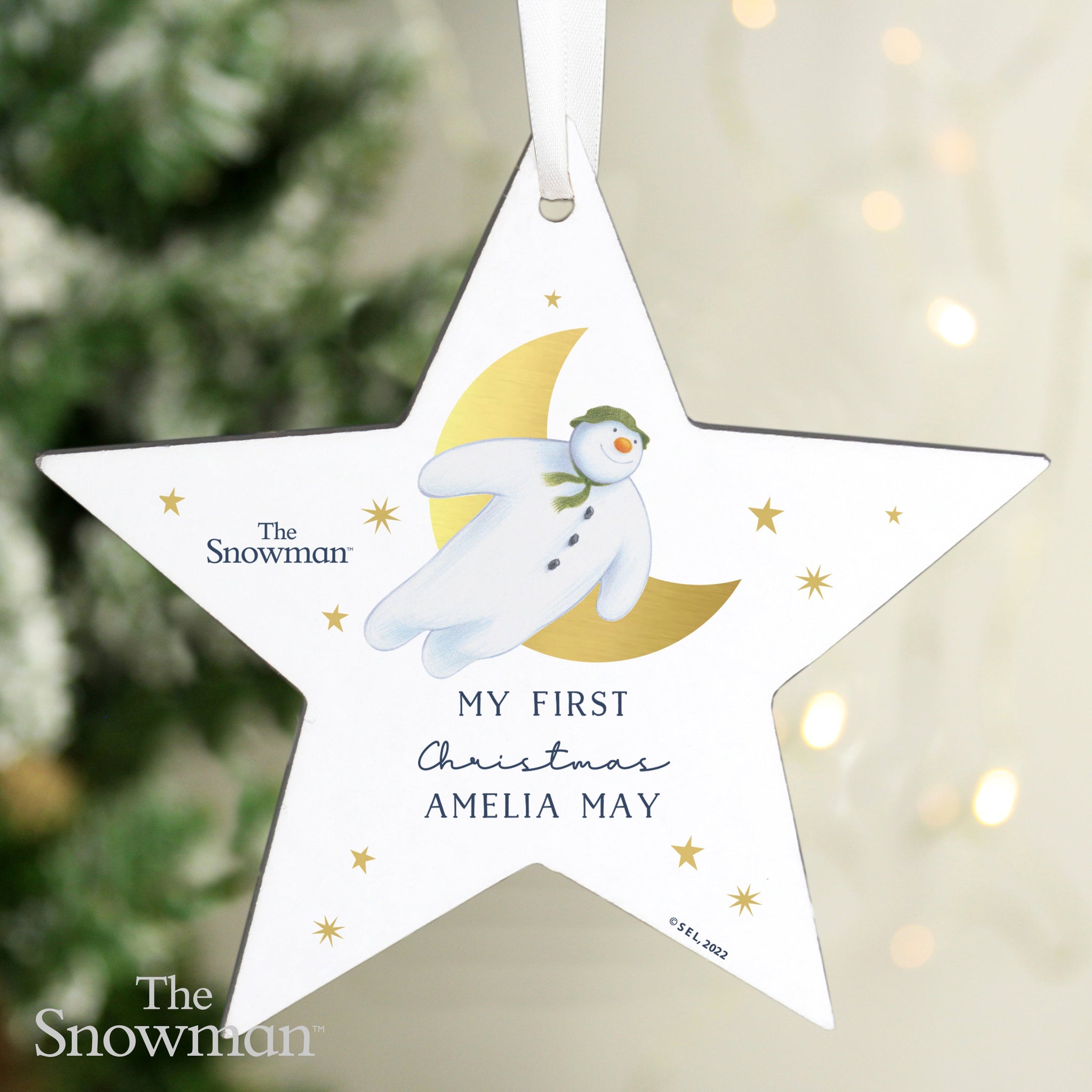 Personalised The Snowman Gold Moon Wooden Star Decoration: 4 - Christmas Decorations By The Snowman