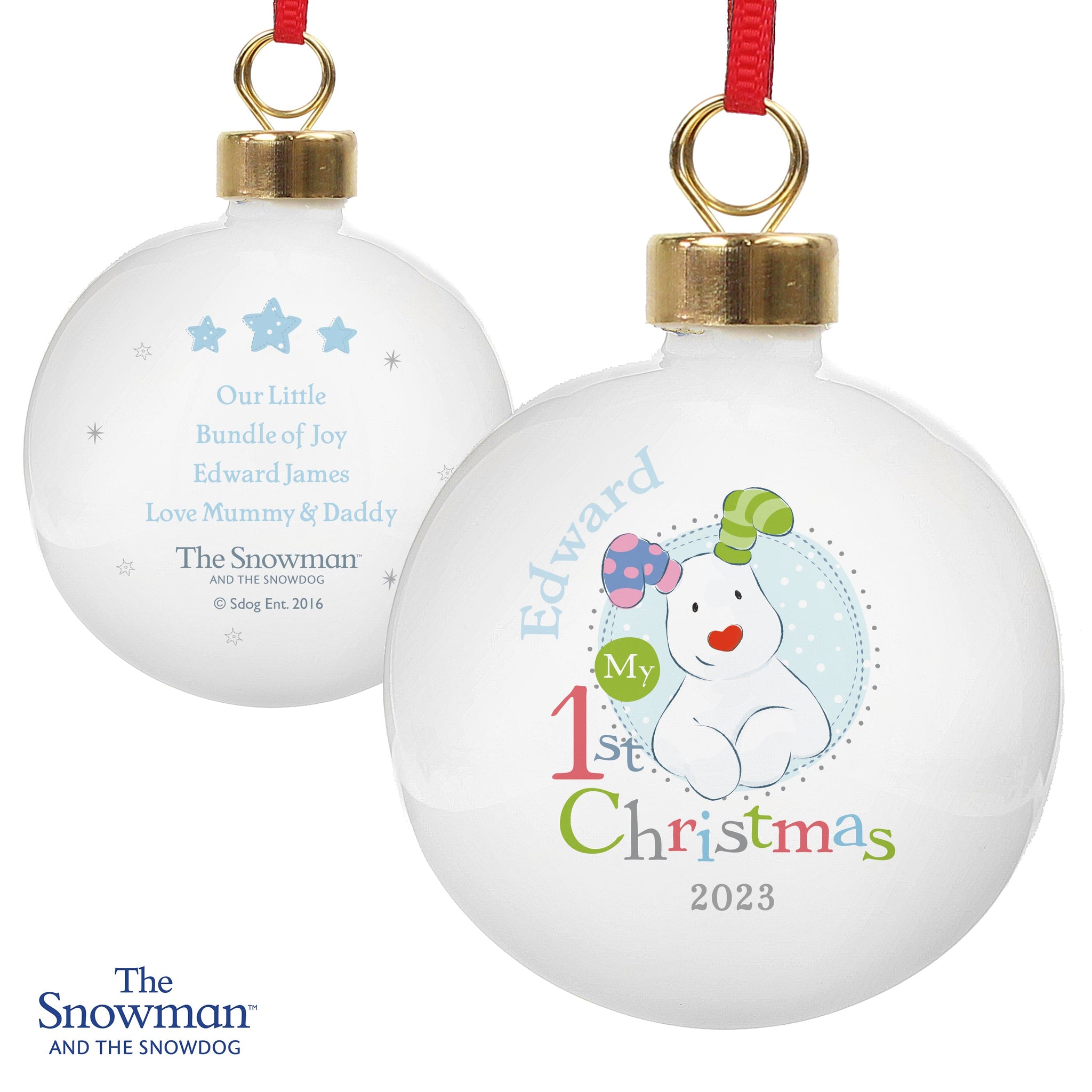 Personalised The Snowman and the Snowdog My 1st Christmas Blue Bauble: 4 - Christmas Baubles By The Snowman