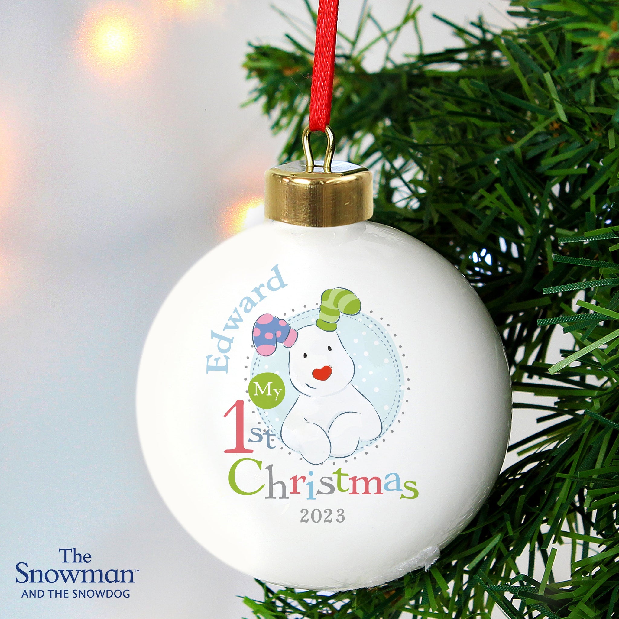 Personalised The Snowman and the Snowdog My 1st Christmas Blue Bauble: 2 - Christmas Baubles By The Snowman