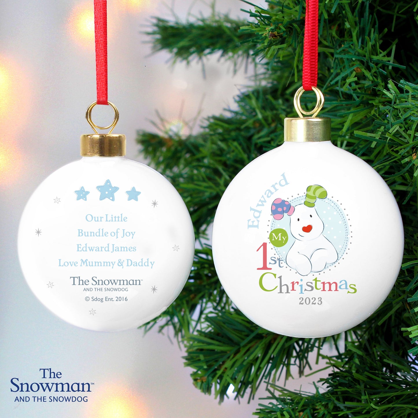 Personalised The Snowman and the Snowdog My 1st Christmas Blue Bauble: 1 - Christmas Baubles By The Snowman