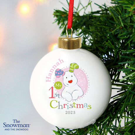 Personalised The Snowman and the Snowdog My 1st Christmas Pink Bauble: 3 - Christmas Baubles By The Snowman