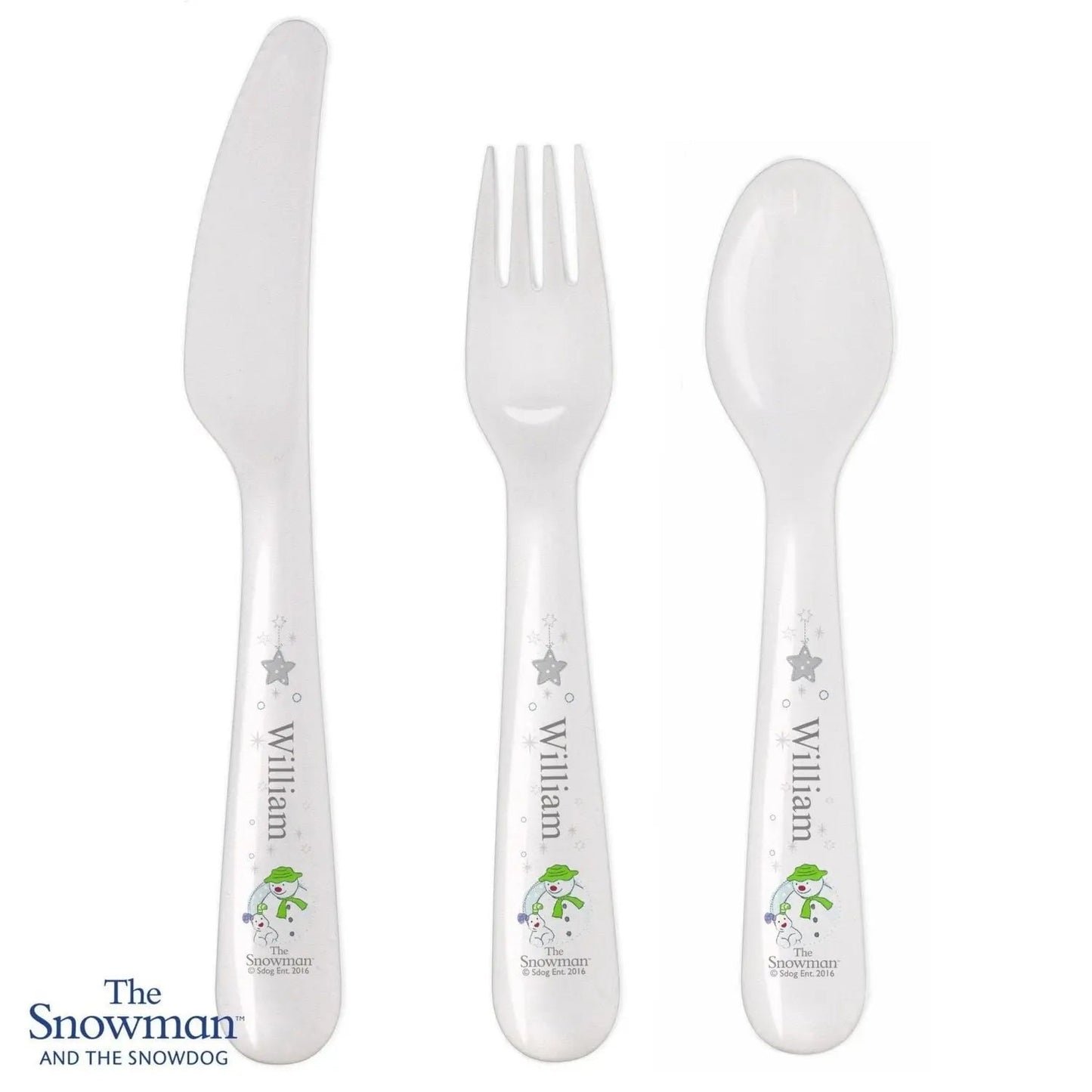 Personalised The Snowman and the Snowdog 3 Piece Plastic Cutlery Set: 3 - Cutlery Sets By The Snowman