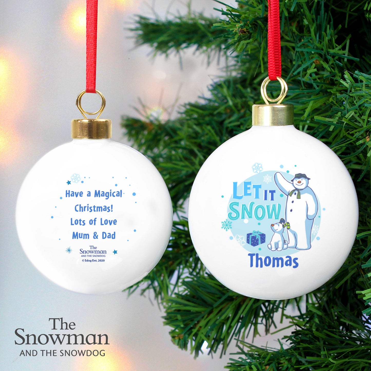 Personalised The Snowman and the Snowdog Blue Bauble: 2 - Christmas Baubles By The Snowman