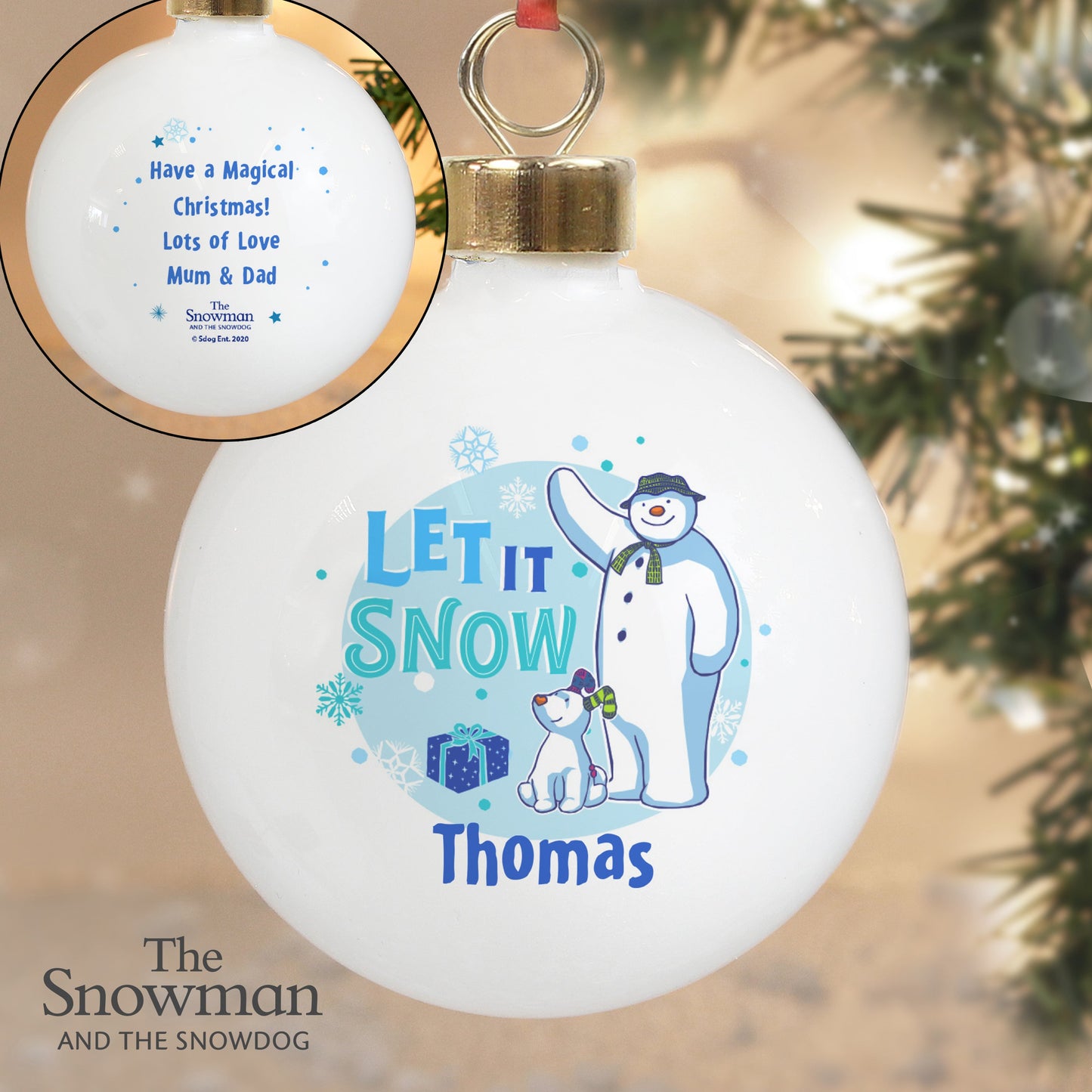 Personalised The Snowman and the Snowdog Blue Bauble: 4 - Christmas Baubles By The Snowman