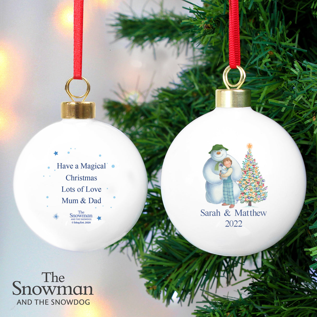 Personalised The Snowman and the Snowdog Friends Bauble: 4 Christmas Baubles By The Snowman