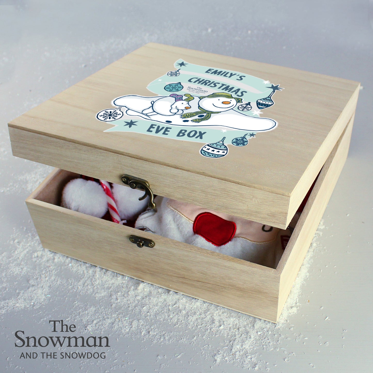 Personalised The Snowman and the Snowdog Large Wooden Christmas Eve Box: 3 - Keepsake Boxes By The Snowman
