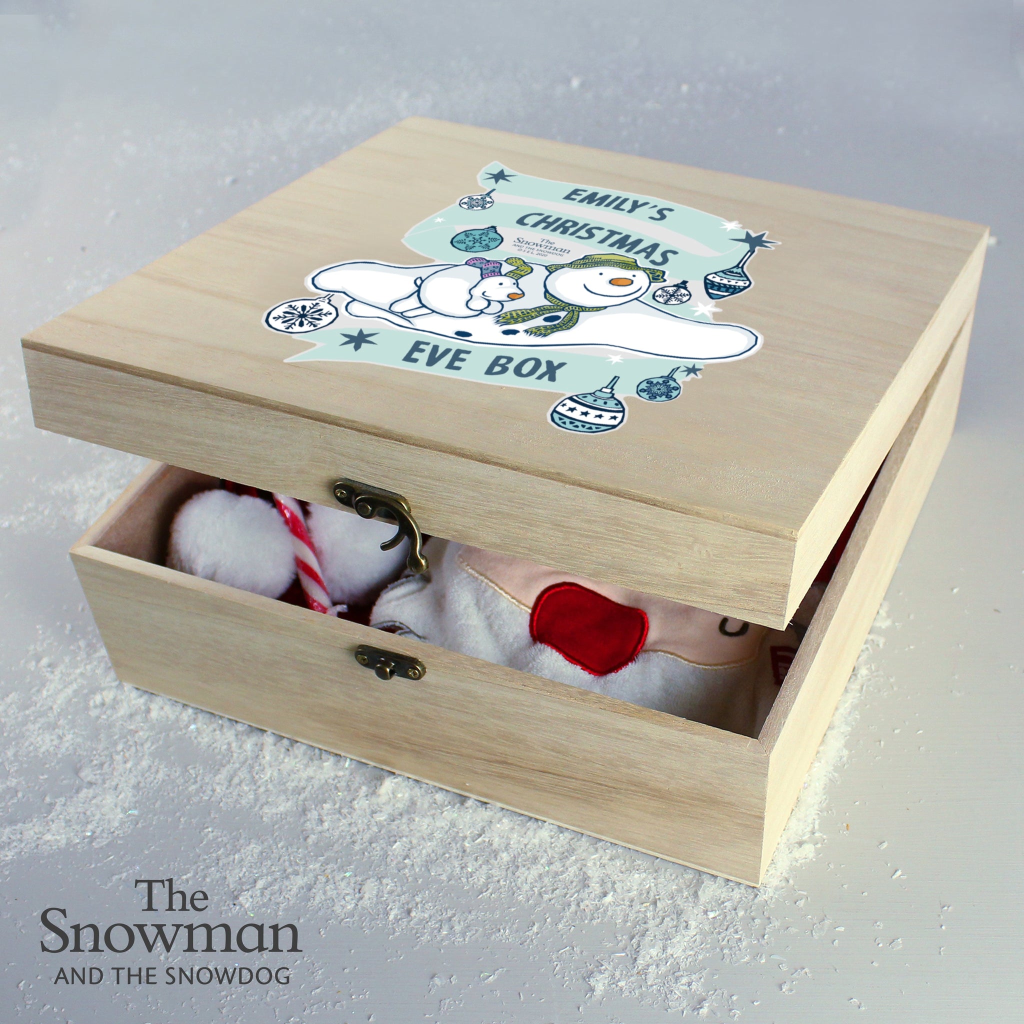Personalised The Snowman and the Snowdog Large Wooden Christmas Eve Box: 3 - Keepsake Boxes By The Snowman