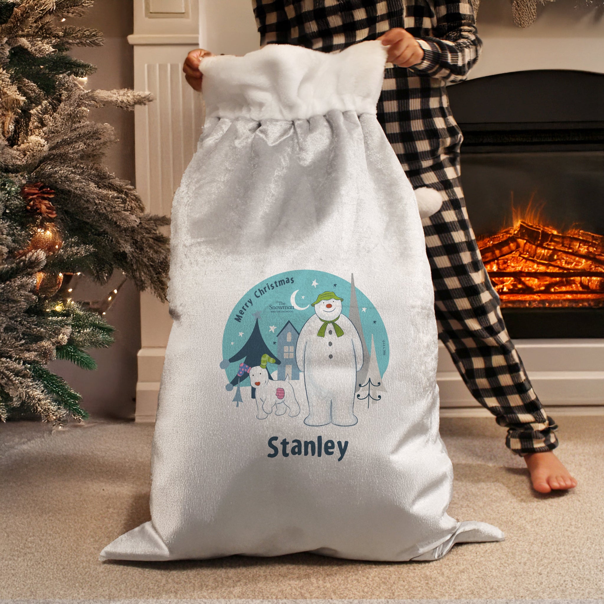 Personalised The Snowman and the Snowdog Luxury Silver Grey Pom Pom Sack: 3 - Christmas Sacks By The Snowman