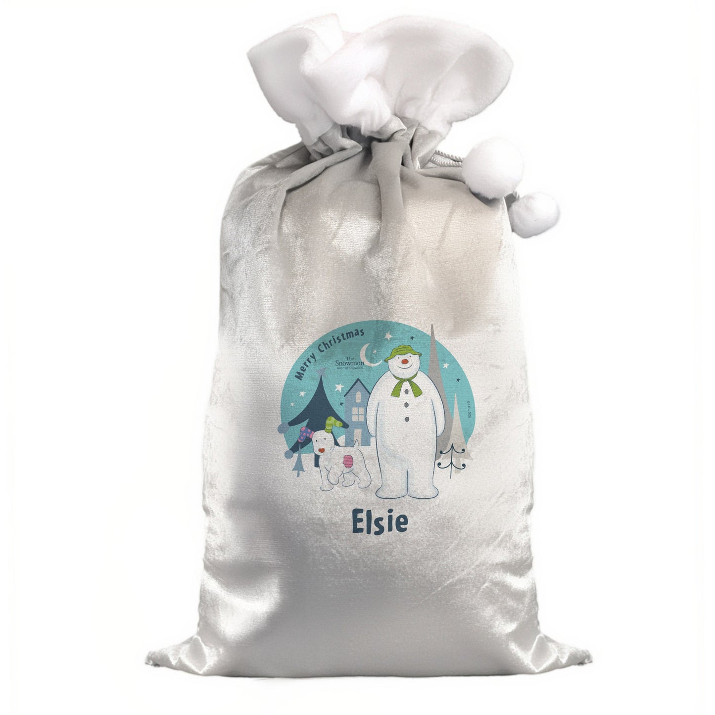 Personalised The Snowman and the Snowdog Luxury Silver Grey Pom Pom Sack: 4 - Christmas Sacks By The Snowman