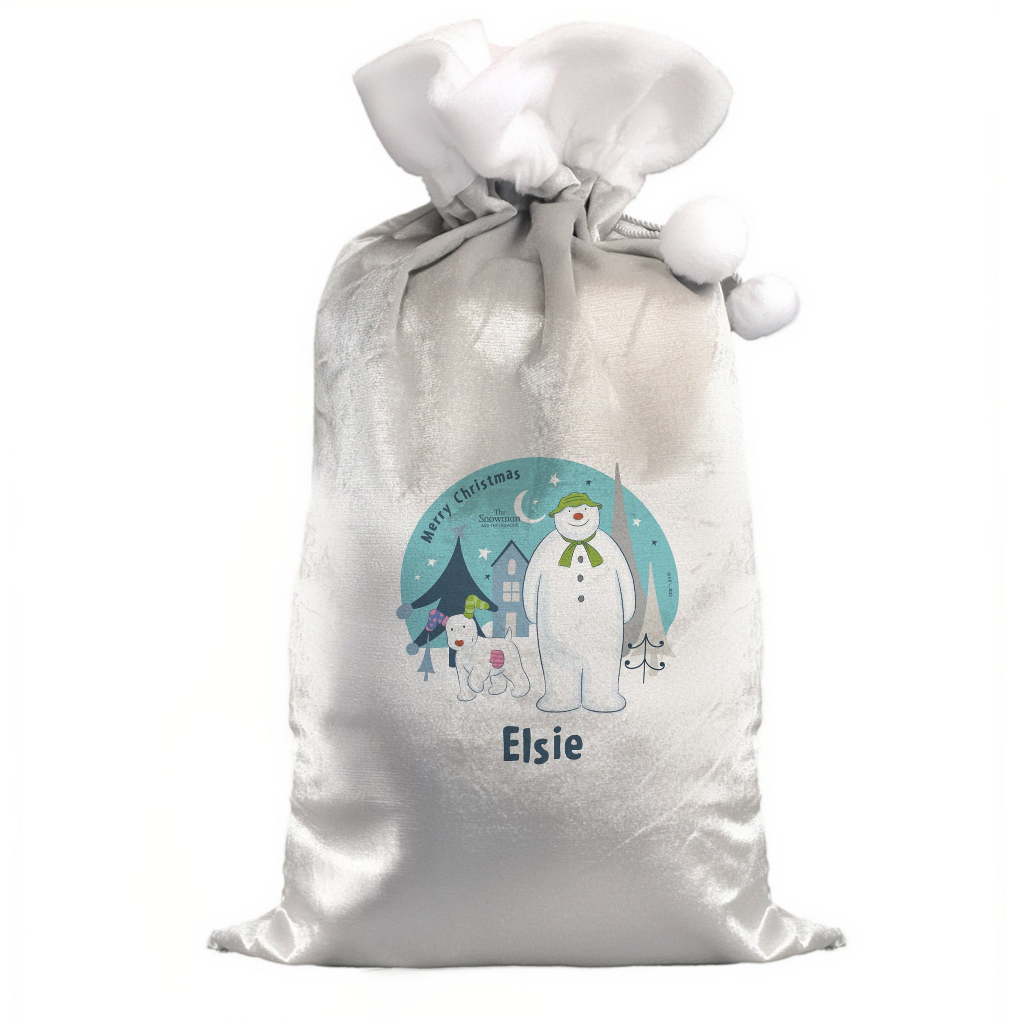 Personalised The Snowman and the Snowdog Luxury Silver Grey Pom Pom Sack: 4 - Christmas Sacks By The Snowman