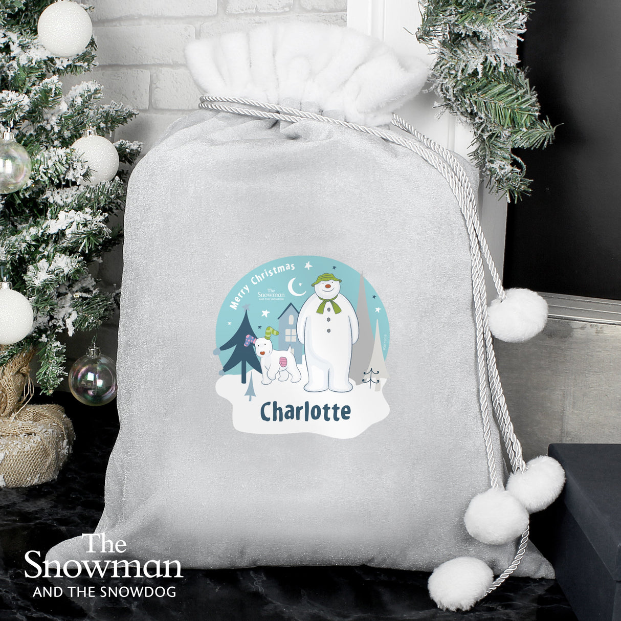 Personalised The Snowman and the Snowdog Luxury Silver Grey Pom Pom Sack: 2 - Christmas Sacks By The Snowman