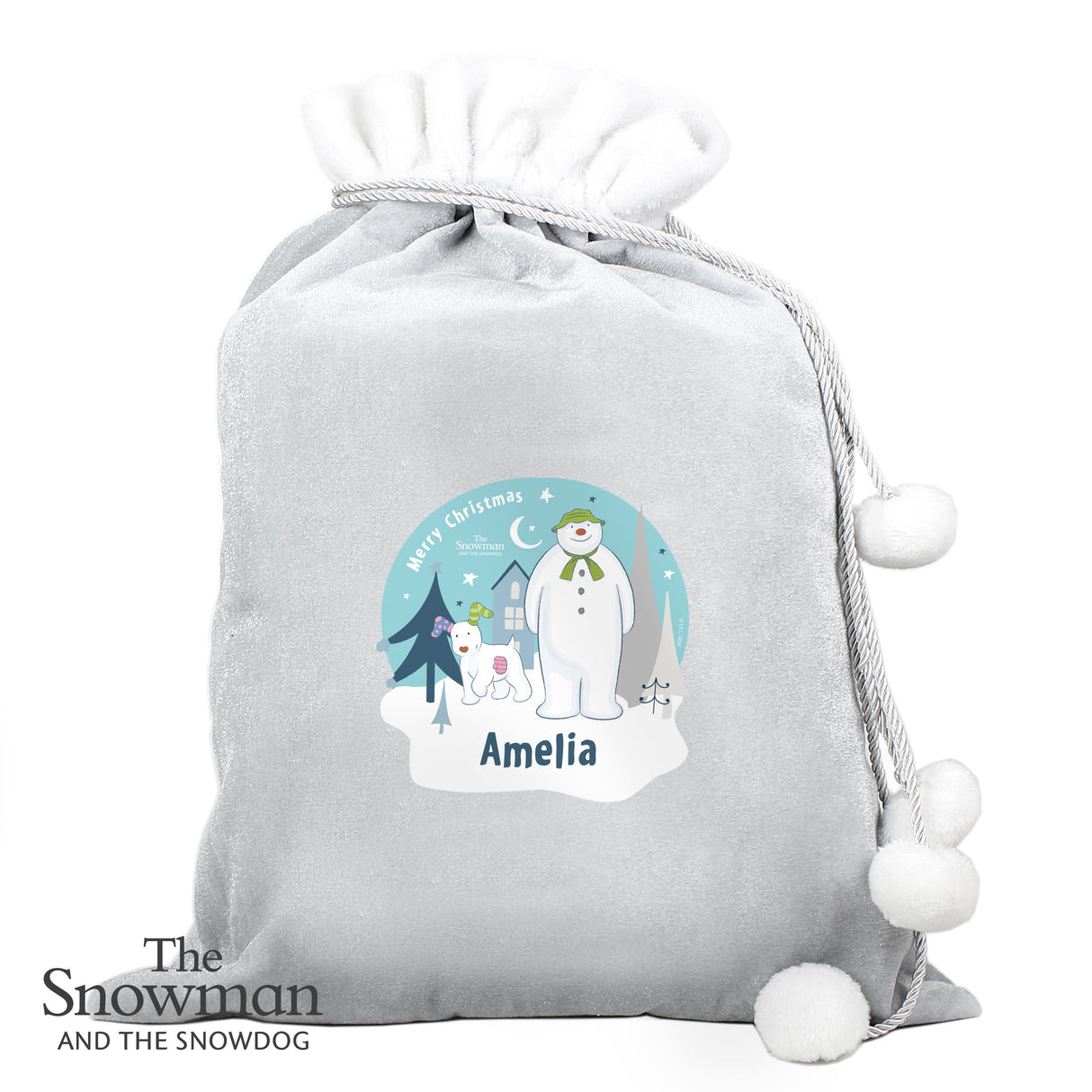 Personalised The Snowman and the Snowdog Luxury Silver Grey Pom Pom Sack: 3 - Christmas Sacks By The Snowman