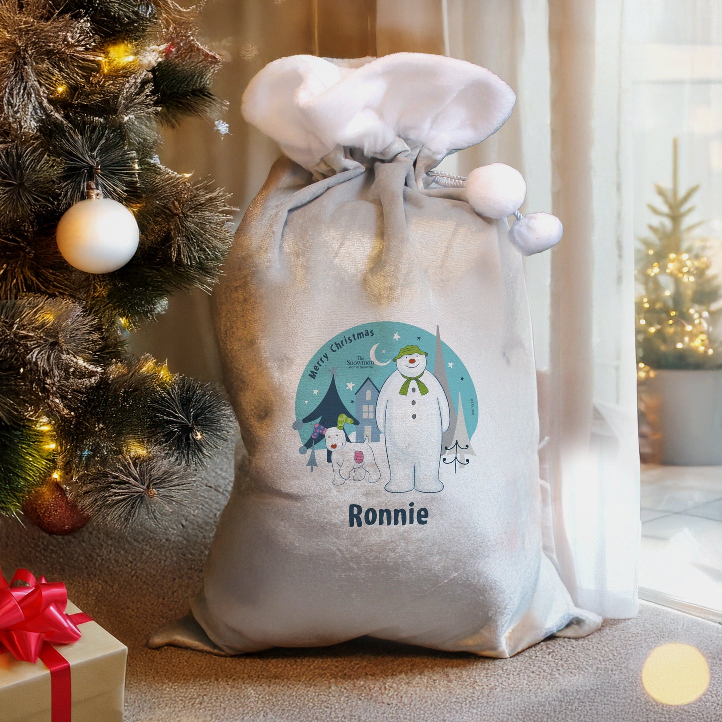 Personalised The Snowman and the Snowdog Luxury Silver Grey Pom Pom Sack: 2 - Christmas Sacks By The Snowman