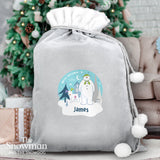 Personalised The Snowman and the Snowdog Luxury Silver Grey Pom Pom Sack: 1 - Christmas Sacks By The Snowman