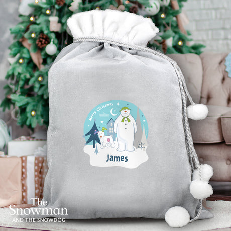 Personalised The Snowman and the Snowdog Luxury Silver Grey Pom Pom Sack: 1 - Christmas Sacks By The Snowman