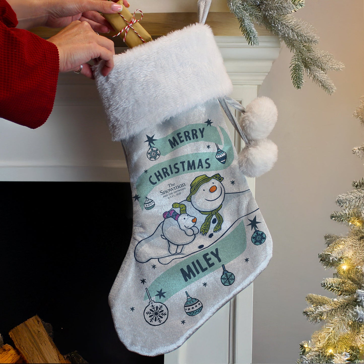 Personalised The Snowman and the Snowdog Luxury Silver Grey Stocking: 2 - Christmas Stockings By The Snowman