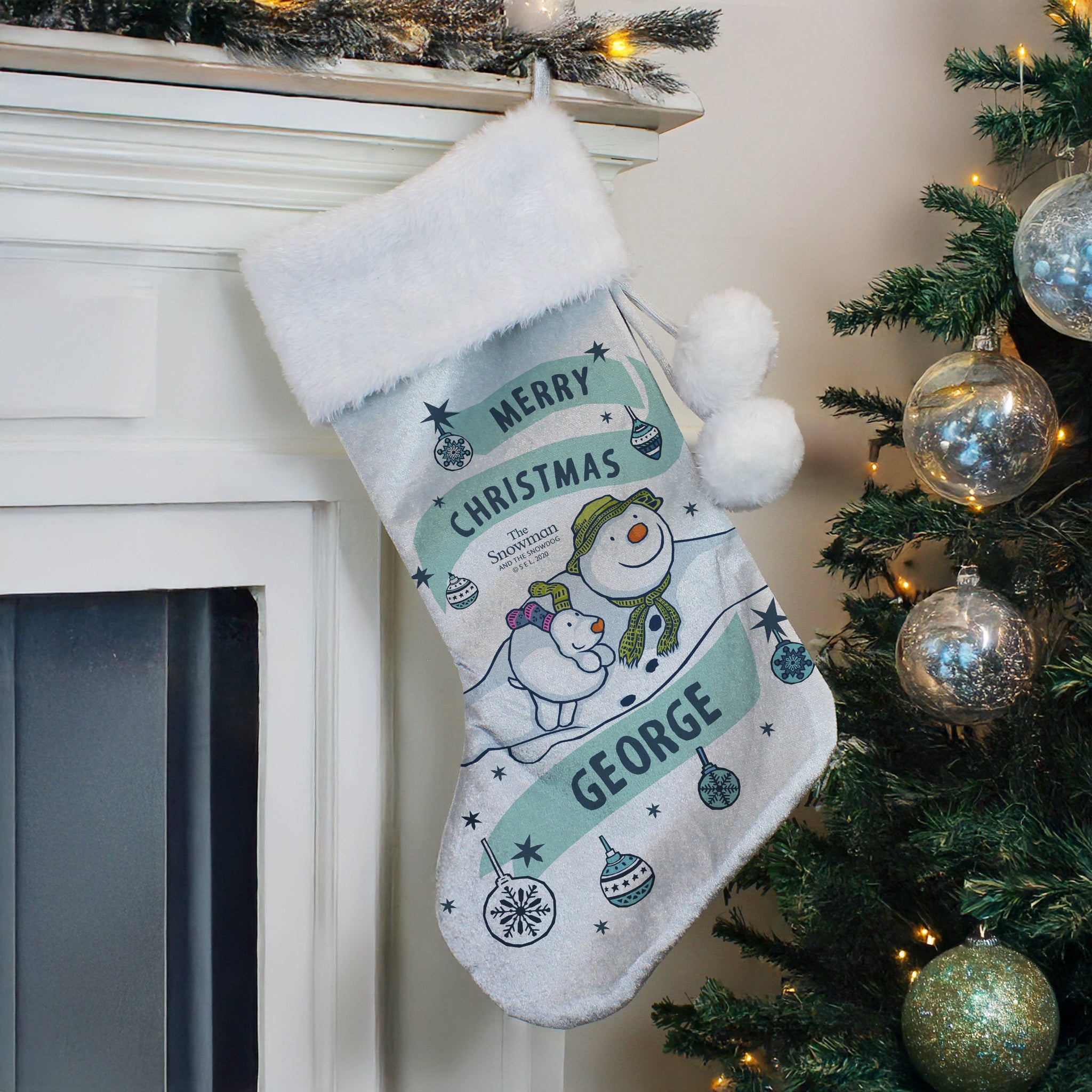 Personalised The Snowman and the Snowdog Luxury Silver Grey Stocking: 3 - Christmas Stockings By The Snowman